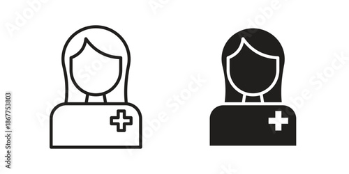 Nurse icons in line art and flat black clipart design style