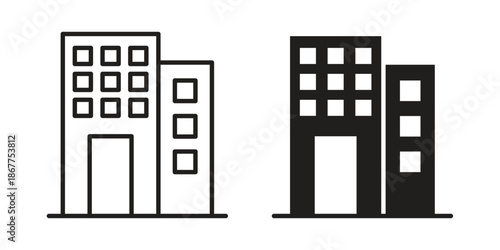 Office buildings icons in line art and flat black clipart design style