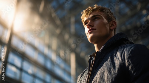 Blond man looks up with confident gaze, bright sunlight illuminates modern glass building interior.