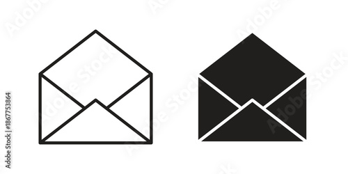 Open envelope icons in line art and flat black clipart design style