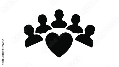 A group of people silhouetted around a heart symbol representing love and community