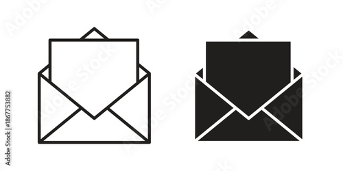 Open email icons in line art and flat black clipart design style