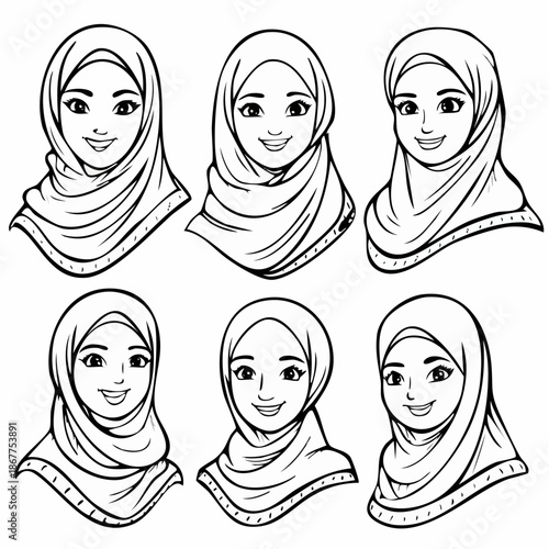 set of illustration hijab women faces