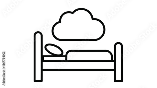 Simple line drawing of a bed with a cloud above representing sleep or dreams