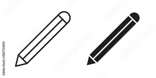 Pencil icons in line art and flat black clipart design style