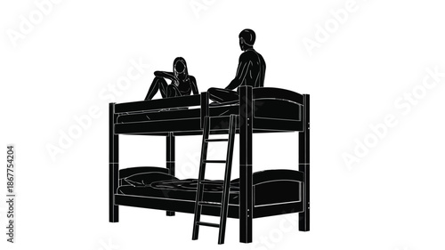 Silhouetted depiction of a two tiered bunk bed with two figures resting and relaxing on it