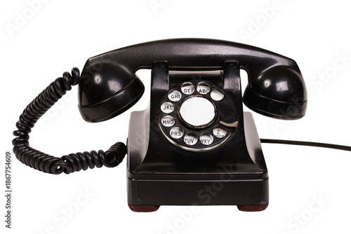 An old dial desk phone on a transparent background.
