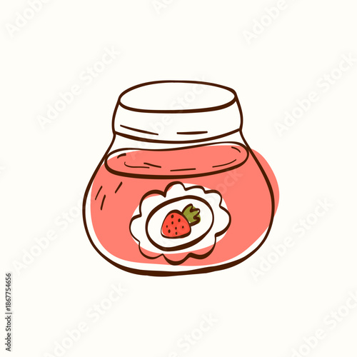Jam jar with simple rounded shape and hand-drawn label on a light background. Minimal sweet food element for breakfast packaging, cafe menus, kitchen branding and sticker designs