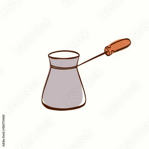 Coffee cezve pot with long handle drawn in clean outline on a light background. Simple kitchen element suitable for cafe branding, menus, packaging, stickers, icons and coffee themed designs
