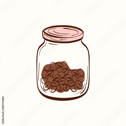 Glass jar with coffee beans featuring visible beans. Simple storage element for cafe branding, packaging, menus, labels, stickers and coffee designs