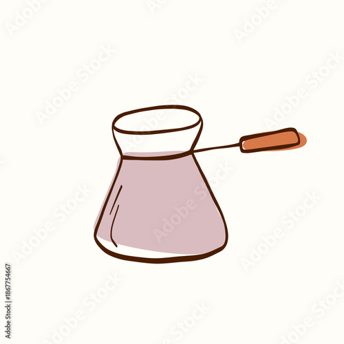 Coffee cezve pot with long handle drawn in clean outline on a light background. Simple kitchen element suitable for cafe branding, menus, packaging, stickers, icons and coffee themed designs