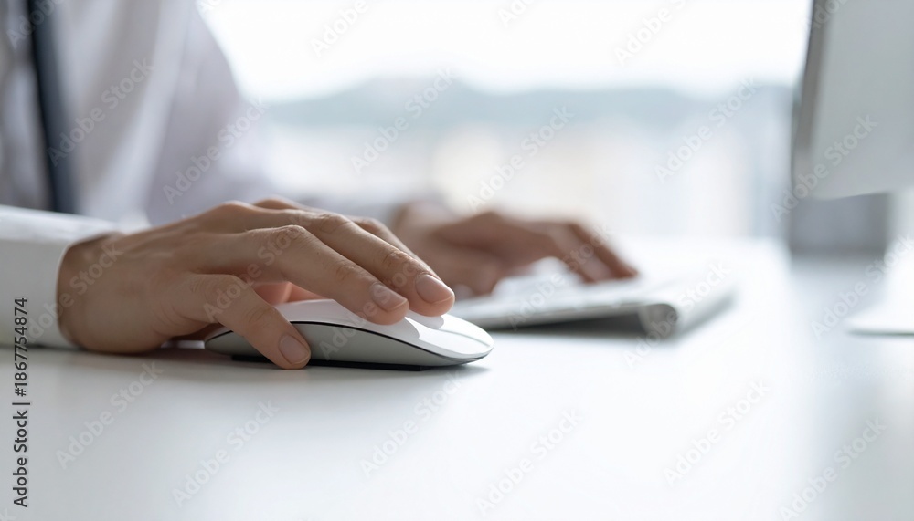 Fototapeta premium A person at a desk working on a computer using a mouse and keyboard