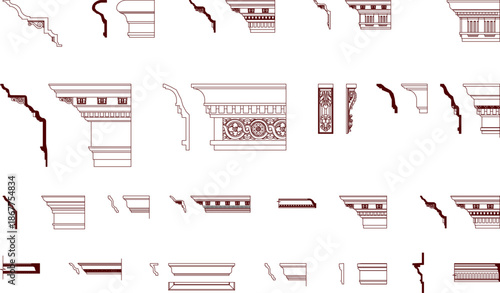 Technical vector of classical architectural moldings, featuring detailed cornice profiles, crown moldings, and wall trims.