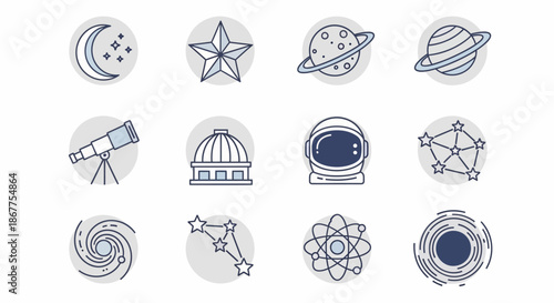 Collection of Space Icons Depicting Planets, Stars, and Astronomical Elements.