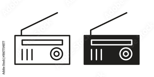 Radio icons in line art and flat black clipart design style