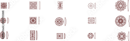 Technical vector of a classical arched window with a balustrade balcony, featuring detailed front, side, and plan sections.