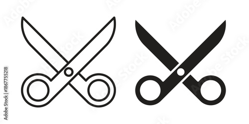Scissor icons in line art and flat black clipart design style