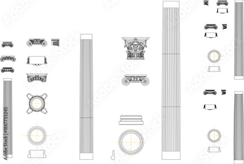 Comprehensive technical vector of various classical columns, featuring Ionic and Corinthian capitals with plan view sections.