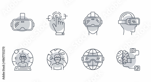 Virtual Reality Technology Icons Depicting Immersive Digital Experiences.