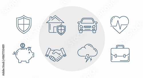 Insurance and protection concept with shield, house, car, heart, piggy bank, handshake, cloud and briefcase.