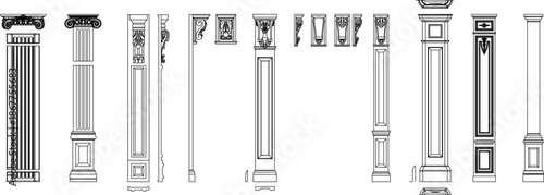 Technical vector of various architectural pillars and supports, featuring ornate capitals, fluted shafts, and wall brackets.