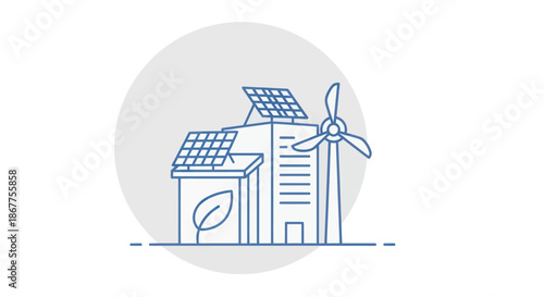 Sustainable energy building with solar panels and wind turbine generating clean power.