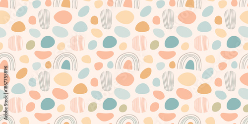 Seamless boho style vector pattern with pastel hand drawn rainbows abstract shapes dots and lines on beige background