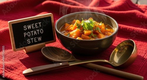Sweet Potato Stew in Bowl on Red Macawiis Fabric with Antique Spoon and Acacia Sign