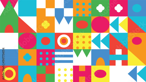 Playful Neo-Geo Geometric Composition with Bright Primary Colors and Abstract Symmetrical Block Elements