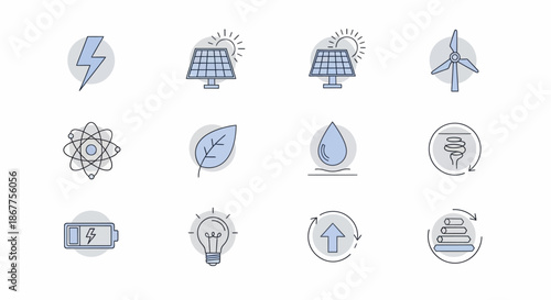 Collection of energy icons representing renewable resources and sustainable power generation.