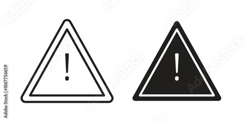 Warning icons in line art and flat black clipart design style