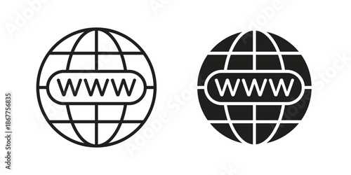 Website globe icons in line art and flat black clipart design style