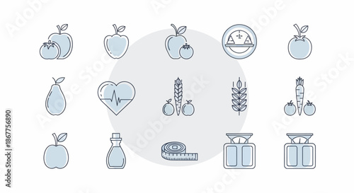 Healthy food icons representing fruits, vegetables, and fitness elements for wellness.
