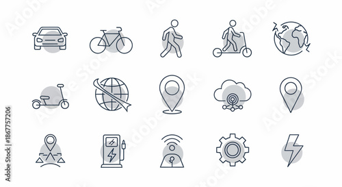 Collection of transportation and technology icons representing various modes of travel.