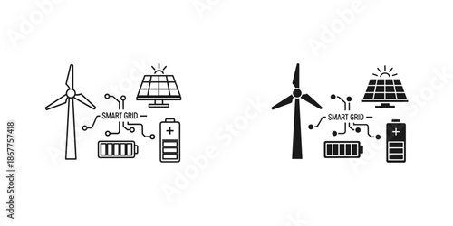 Black and white smart grid energy system with wind turbine solar panel and batteries