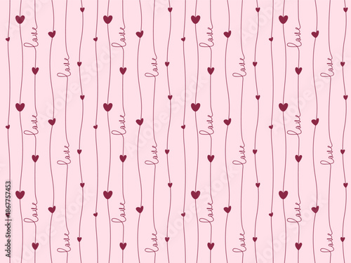 Seamless romantic pattern with hand drawn hearts and cursive love lettering on soft pink background. Delicate vertical lines create cozy mood for wrapping paper, textile, stationery and packaging art.