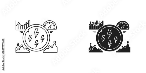 Two circular with lightning bolts and data charts circular lightning bolts