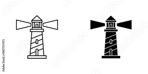 Two lighthouses with light beams in black and white