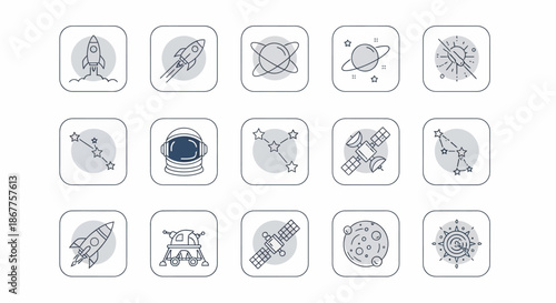 Collection of space and astronomy themed line art icons with subtle grey accents.