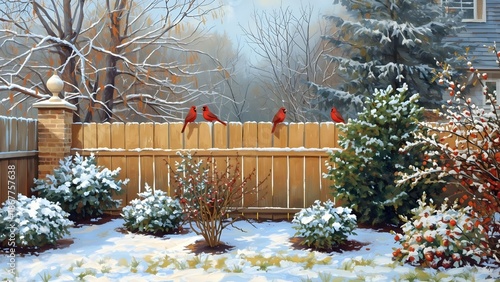 Red cardinals on the wooden fence in winter backyard garden oil painting 