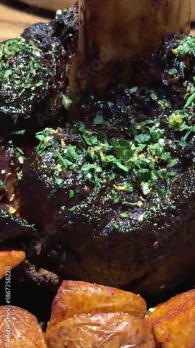 Roasted pork ham slices with potato and cabbage and pork knuckle deep fried with mastard German Bavarian food