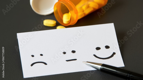 Antidepressant medication and mood change concept showing drawn emotional faces from sad to happy next to spilled pills and pen, symbolizing depression treatment, mental health, emotional recovery