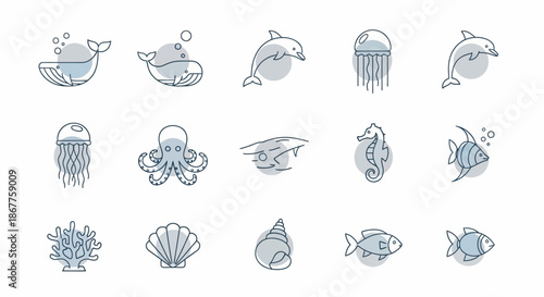 Collection of minimalist line art icons depicting various sea creatures and marine life.