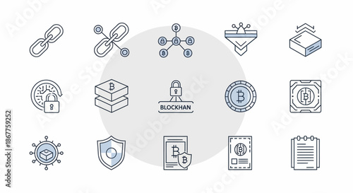 Blockchain and Cryptocurrency Icons Set for Digital Finance and Security.
