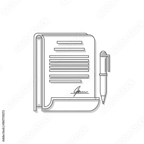 Minimalist Sketch of Document and Pen for Professional Writing and Note Taking