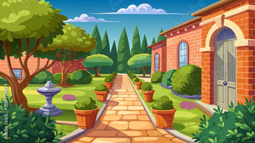 Classic backyard with brick pathway and trimmed bushes