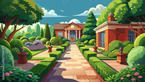 Classic backyard with brick pathway and trimmed bushes