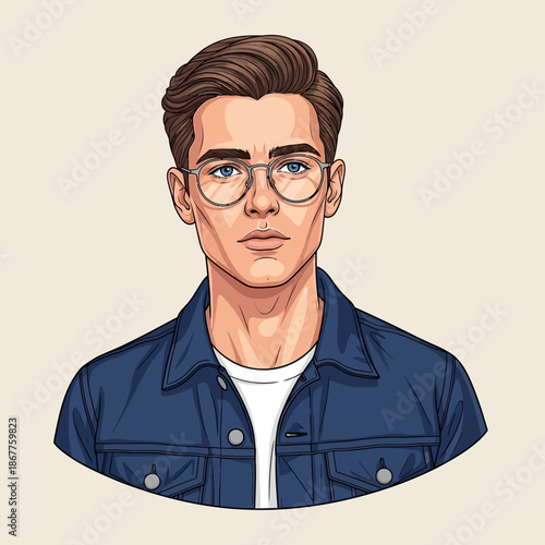 Illustrated Portrait of Young Man Wearing Glasses.