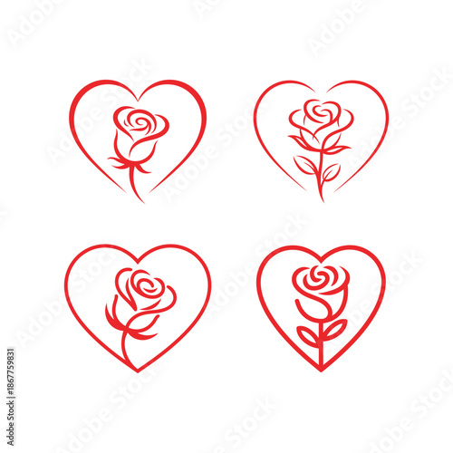 Heart Rose Line Art Icon Set