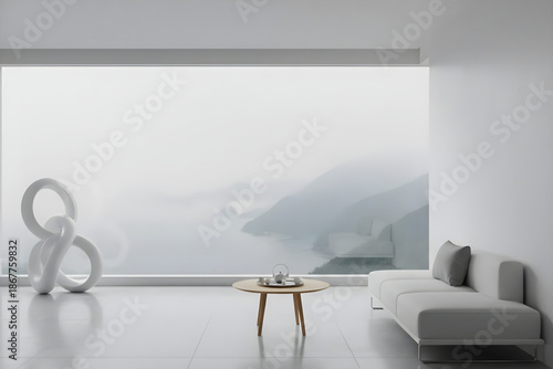 Minimal white living room with panoramic sea view and modern decor